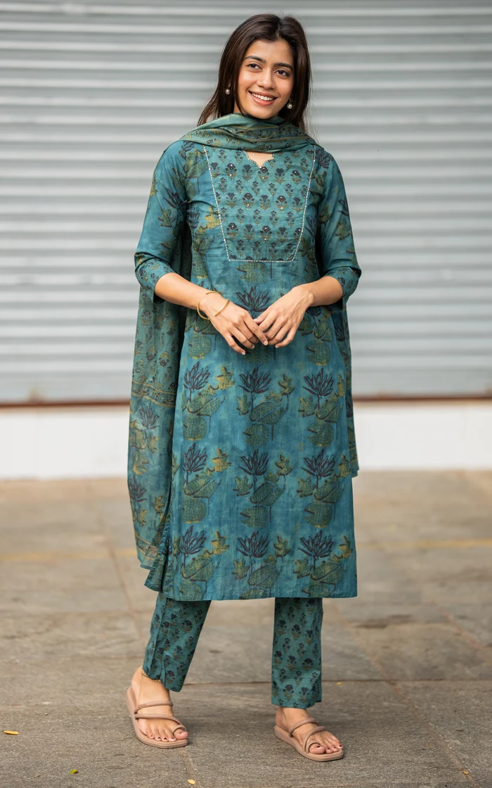 Teal Blue Floral Printed Straight Kurti set